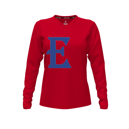 [CUS-DFW-TEES-CMF-VNK-LSL-RED-FYXS-LOGO1] Decker Comfort T-Shirt (Female Youth XS, Red, V Neck, Logo 1, Long Sleeve)
