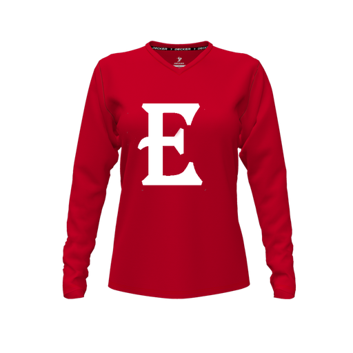 [CUS-DFW-TEES-PER-VNK-LSL-RED-FYXS-LOGO2] Decker Performance T-Shirt (Female Youth XS, Red, V Neck, Logo 2, Long Sleeve)